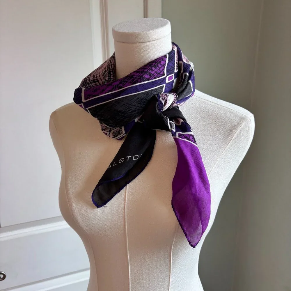 Halston Printed Silk Scarf Hand Rolled Hem Purple Pink Charcoal‎ Abstract